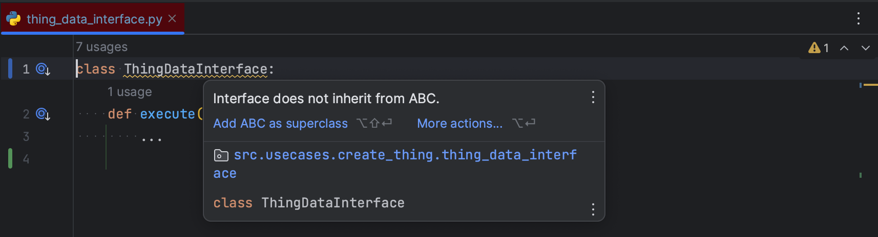 The Python OOP Companion marks the "ThingDataInterface" as warning, because the user has configured "Interface" as interface suffix. ThingDataInterface matches the suffix, but does not inherit from ABC