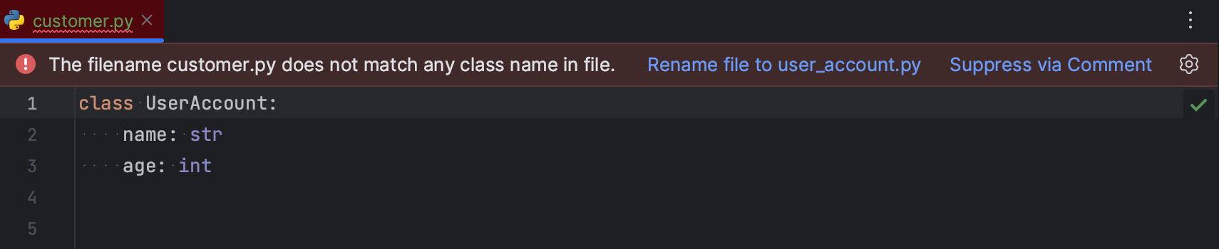 The Python OOP Companion is offering to rename the file "customer.py" to "user_account.py" to match the class name "UserAccount" within the file.