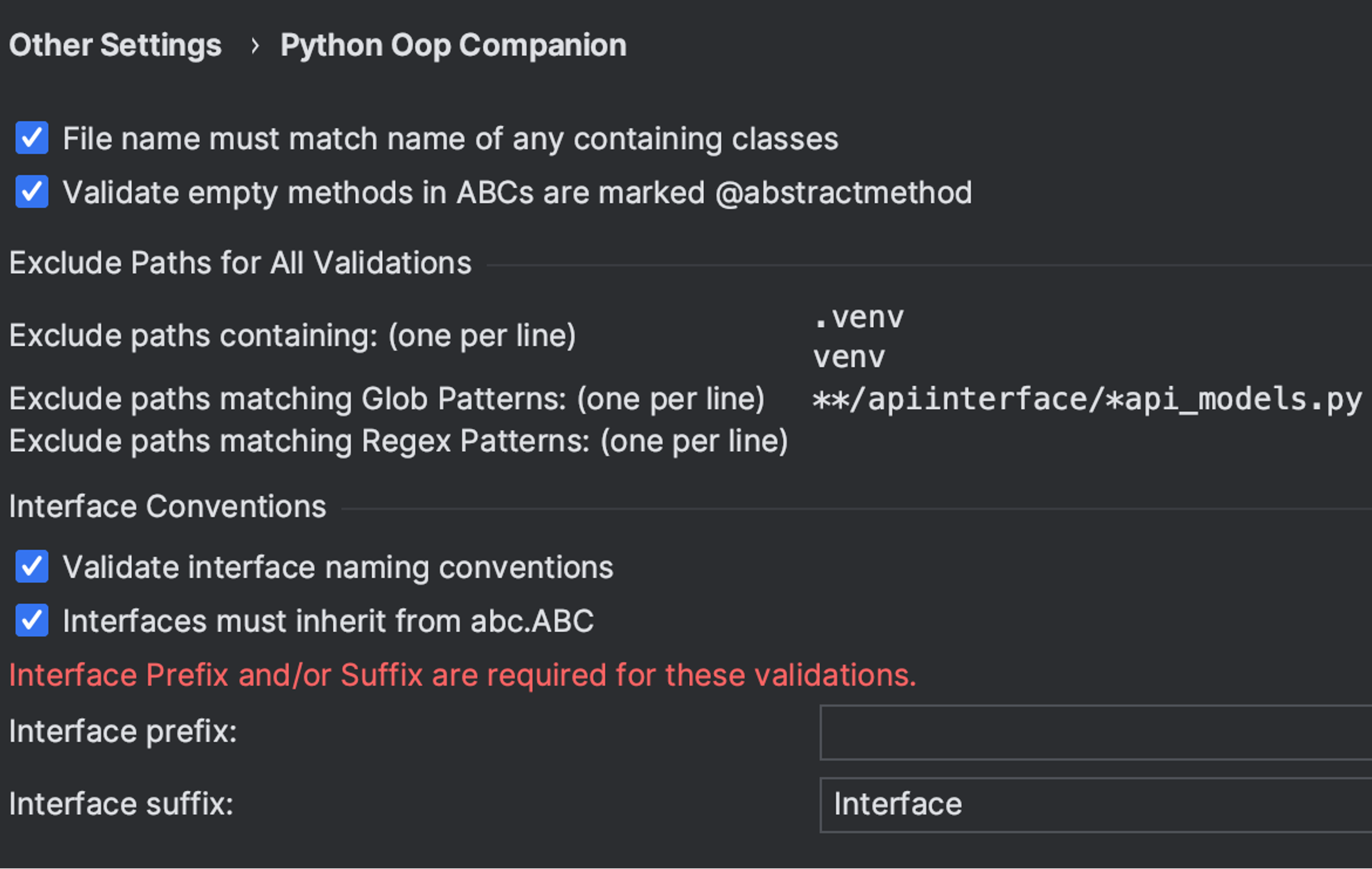 Available settings for Python OOP Companion. Every inspection can be enabled/disabled individually. They are described in detail below. 