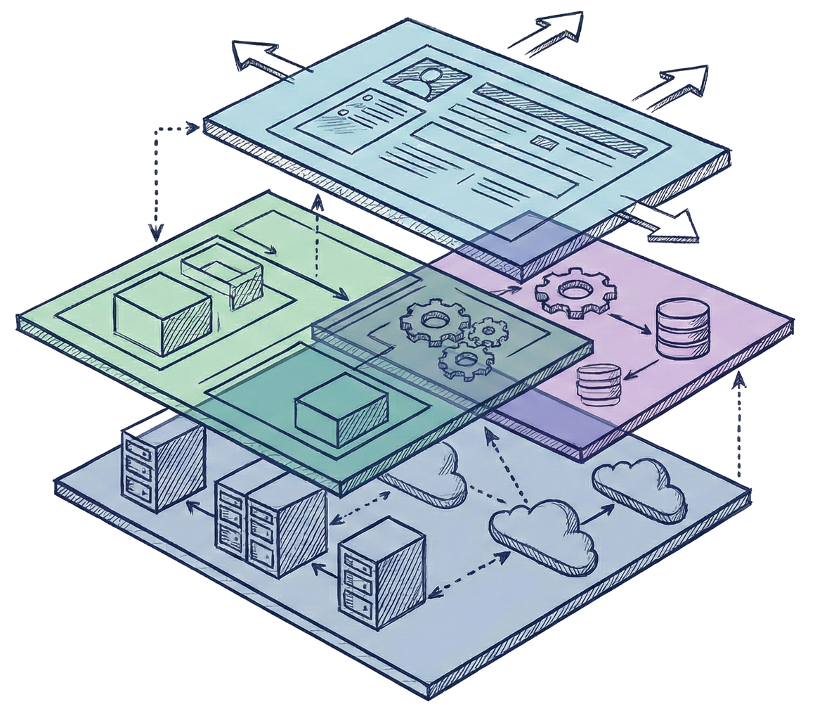 abstract visualization of a layered software architecture. 1. Layer: User Interface; 2. Layer: Boxes and Cogwheels; 3. Layer: databases and cogwheels; 4. Layer: server racks and clouds
